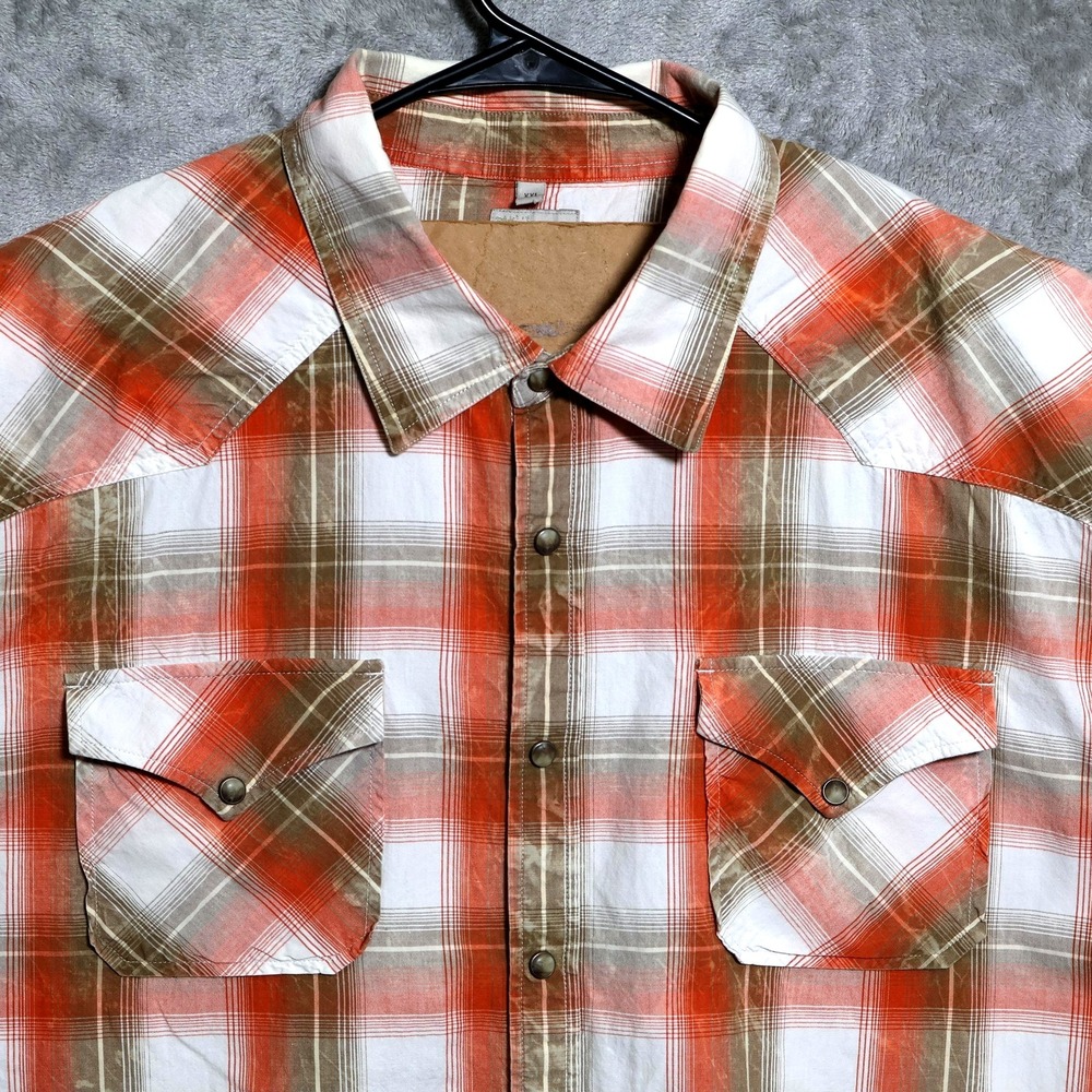 Gramicci Shirt Mens 2XL Orange White Brown Pearl Snap Western Plaid Dual Pockets